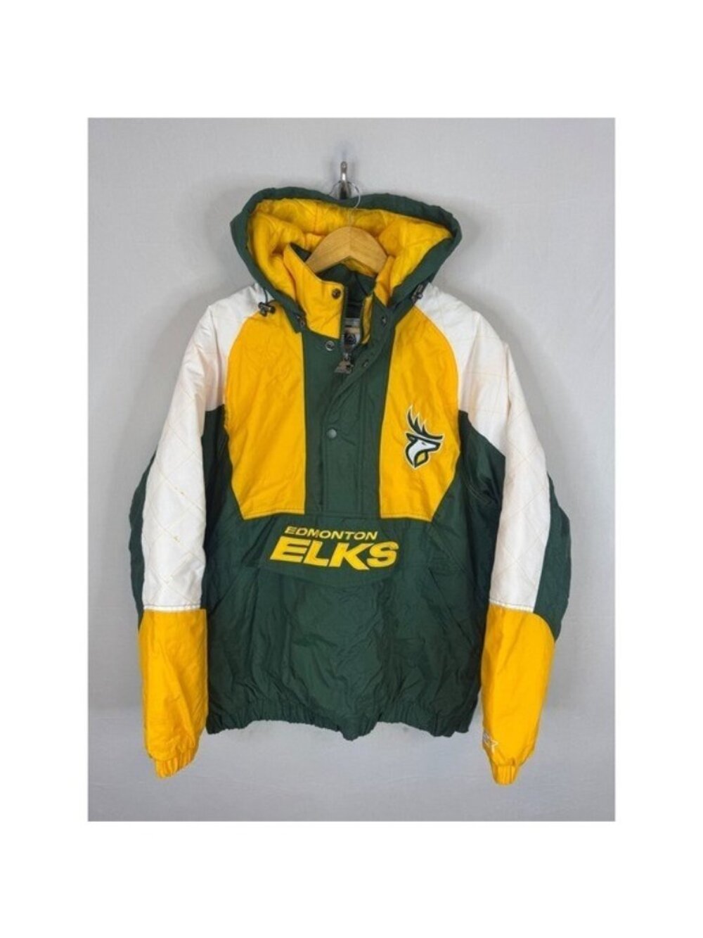 Starter Edmonton Elks CFL Puffer Jacket Hooded Colorblock Green Yellow Mens L